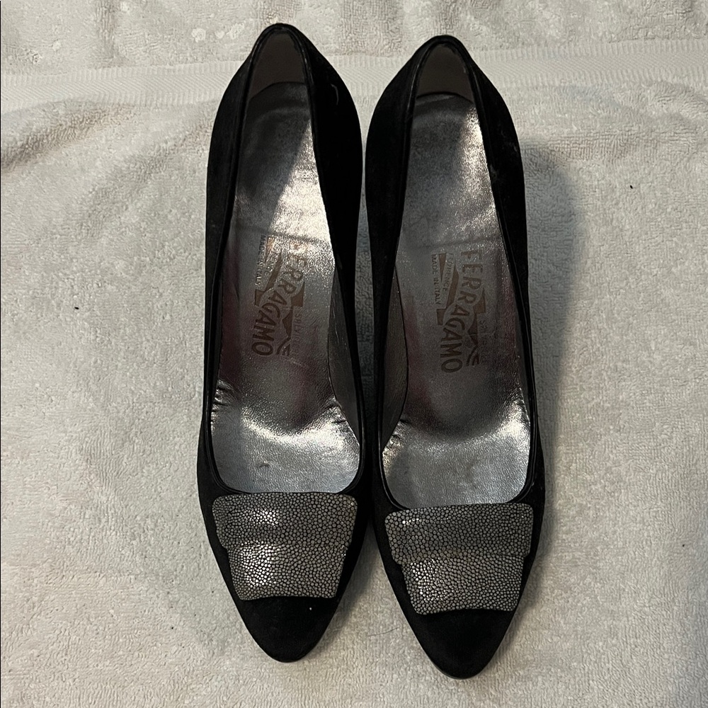 Salvatore Ferragamo Black and Silver Heels